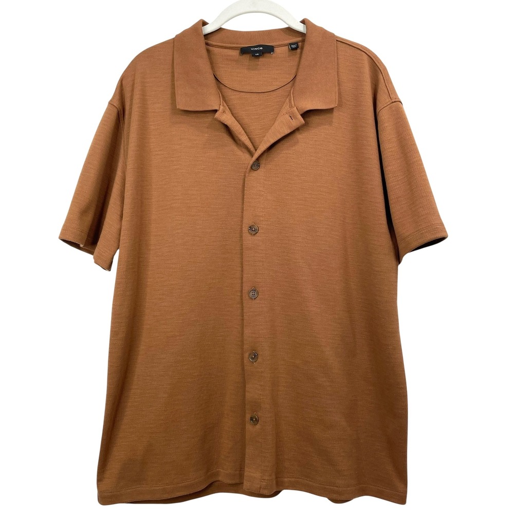 Vince Jacquard Short Sleeve Button-Up polo Shirt top‎ Size L caramel tan neutral - Picture 3 of 8